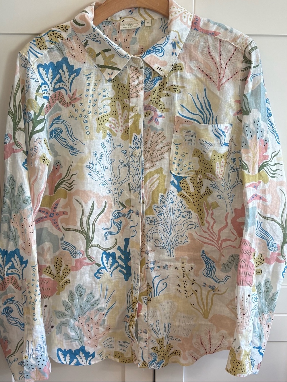 SPARTINA 449 MEDIUM MERMAID SEA CAPSULE STORY LINEN LONG SLEEVE TOP POCKET SHIRT